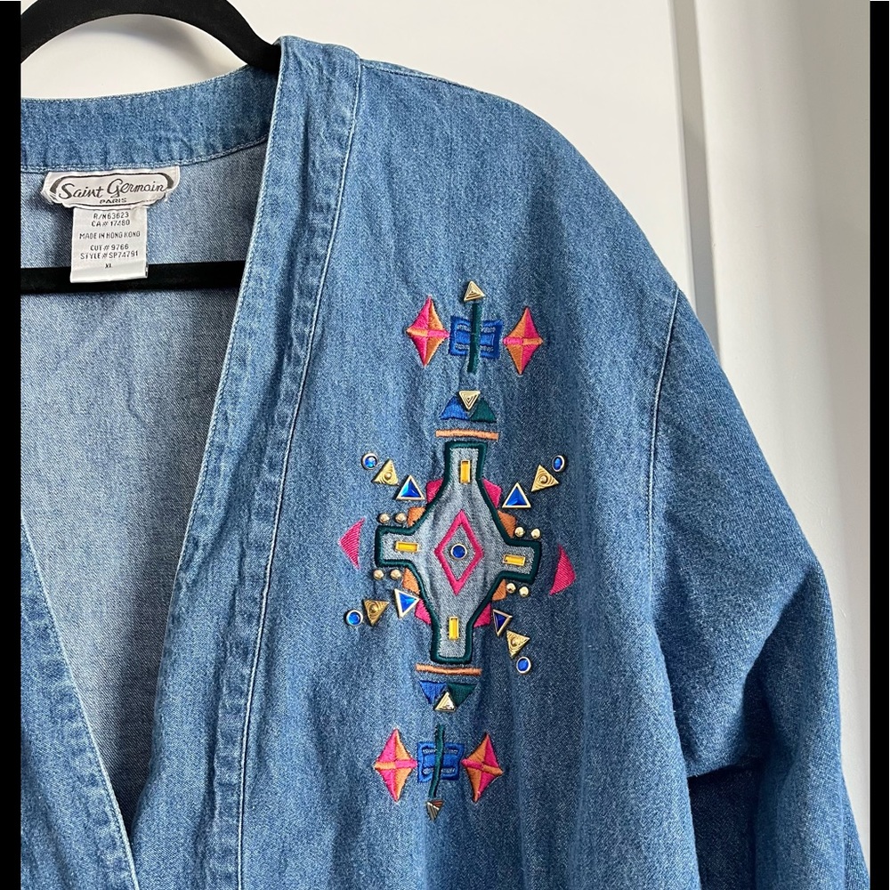 Vintage Saint Germain Paris Funky Embroidered Jean Jacket Size XL - Picture 2 of 13